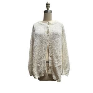 Vtg White Textured Boucle Mid Length Classic Granny Sweater Cardigan Plus SZ 2X